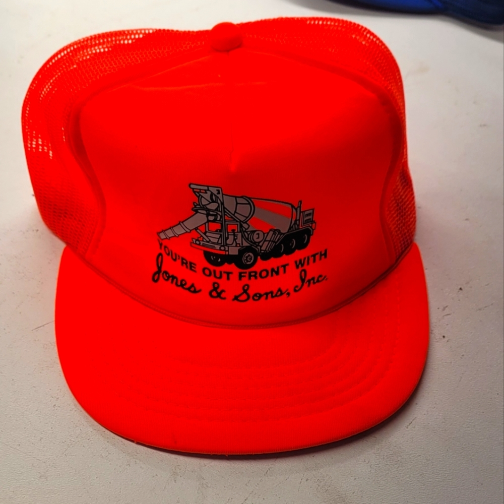 Bright orange vintage mesh foam hat Snap back trucker cement concrete truck